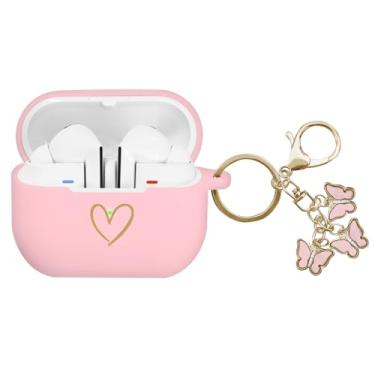 Imagem de AIIEKZ Compatível com Samsung Galaxy Buds 3 Pro e Galaxy Buds 3 (2024), capa de silicone macio com padrão de coração dourado com chaveiro de borboleta fofo para meninas e mulheres (rosa)