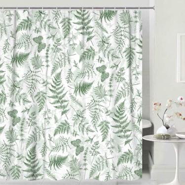 Imagem de JAWO Cortina de chuveiro verde e branca, cortina de chuveiro com plantas verdes sálvia e borboletas para banheiro, vintage, retrô, estética, boho, botânica, folhas florais, turquesa, azul-petróleo,