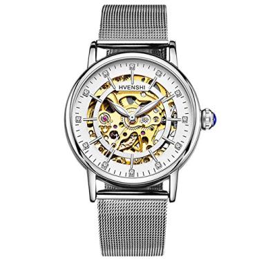 Imagem de Relógio mecânico automático feminino RORIOS, mostrador de esqueleto com corda automática, pulseira de aço inoxidável, relógios de pulso femininos, white b