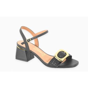 Imagem de Vizzano Sandália Feminina, Salto Bloco Médio, Preto com Fivela Dourada