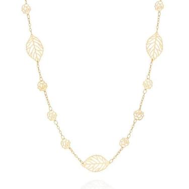 Imagem de Colar Rommanel Folhas E Rosas Vazadas Fol Ouro 18k 531289, Dourado