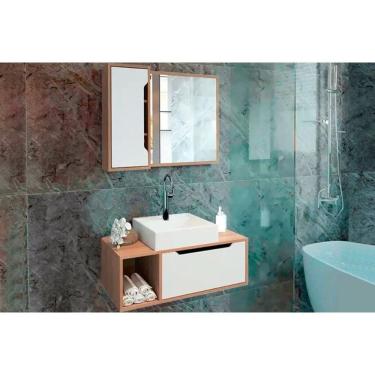 Imagem de Armário c/ Balcão Banheiro Suspenso BN3644 e c/ Rodízios BN3643 80cm e Espelho BN3645 80cm Amêndoa/Branco - Tecno Mobili