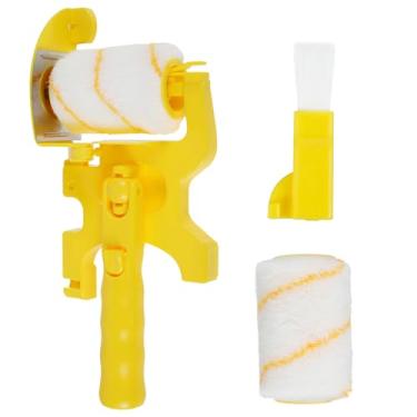 Imagem de Pincel de rolo de borda, ferramenta de corte limpo com 3 rolos e 2 pincéis, ferramenta de pintura de teto de sala de plástico portátil para teto de janela de porta, amarelo/76 (modelo longo + 3 r