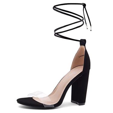 Imagem de Shoe Land SL-ROSEMMINA Sandálias femininas de salto alto com strass bico aberto com cadarço e salto bloco sapatos transparentes, 3019clearblack, 36 BR