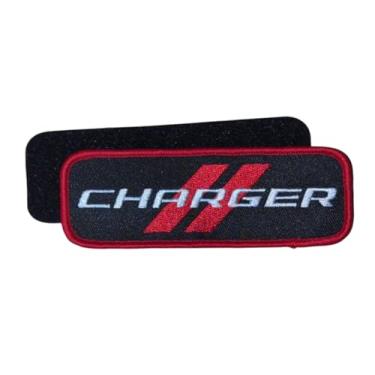 Imagem de Dodge Charger Emblema bordado vintage losango 11,4 cm x 3,8 cm | Adesivos de gancho e laço para roupas, mochilas, chapéus, jaquetas e jeans