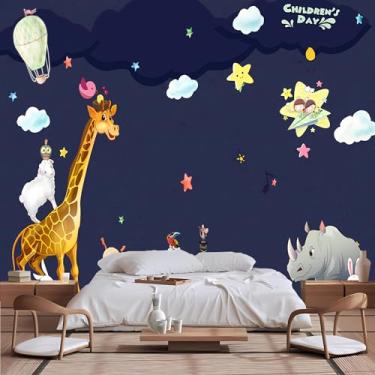 Imagem de Lcythiazole Mural de papel de parede de girafa de tamanho personalizável, fundo azul escuro, rinoceronte de cabra girafa e outro papel de parede de animais de desenho animado, para quarto infantil