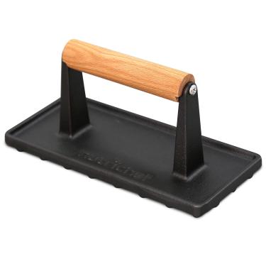 Imagem de NutriChef Prensa de ferro fundido, prensa de hambúrguer resistente com cabo de madeira de faia, reduz o tempo de cozimento, prensa de carne ideal para bifes, sanduíches e muito mais, segura para gás,