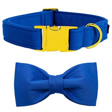 Imagem de Coleira e guia para cães Maca Bates - Laços ajustáveis azul e cinza para coleira de cães e coleira de algodão macio com fivela de metal dourado reforçada, presente mais fofo para cães ou gatos