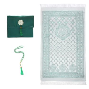 Imagem de Lenmipot Tapete de oração Namaz muçulmano cobertor portátil Ramadã oração tapete macio islâmico Eid conjunto de tapete de presente com contas tapete fino muçulmano - verde