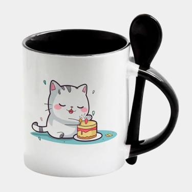Imagem de Caneca Branca com Colher e Interna Preta de Porcelana 325ml GATO BRANCO BOLO ANIVERSARIO