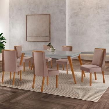 Imagem de Mesa De Jantar Copper Madeira Vidro Com 6 Cadeiras Diane Moderna Linho Capuccino/Tork/Off White/Nat