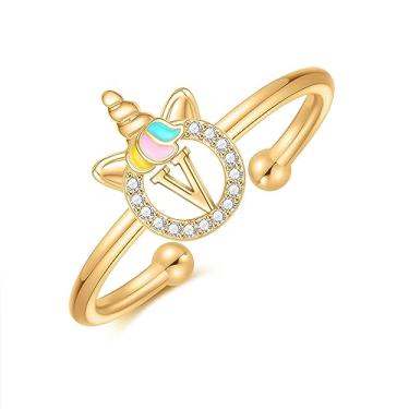 Imagem de CIVOKINA Anéis delicados de unicórnio com inicial para meninas, banhado a ouro 14 quilates/ouro rosa/prata para meninas, lindo anel infantil hipoalergênico, ajustável, com letras para presentes para