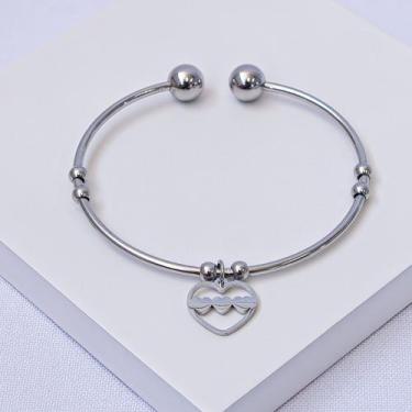 Imagem de Bracelete Aço Inox Prateado Ajustável com Pingente Coração - Ralifla S