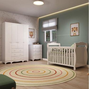 Imagem de Quarto de Bebê Completo Berço Minicama Guarda-roupa 4 Portas e Cômoda 100% Mdf Nina Espresso Móveis Branco Brilho