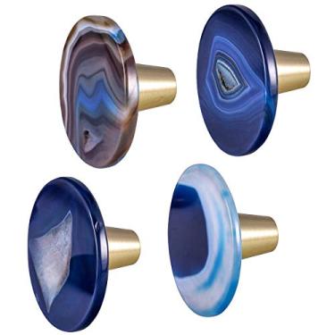 Imagem de Puxadores de armário Mookaitedecor 4 peças de ágata com parafusos, puxadores redondos de gaveta de cozinha puxadores de cristal para cômoda de banheiro decorativo, Blue