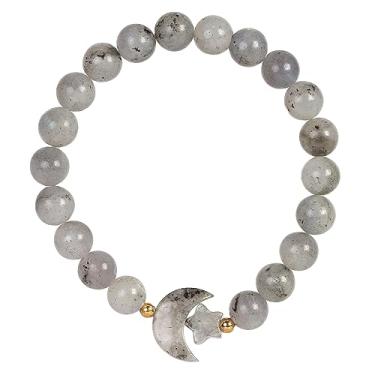Imagem de Nupuyai Pulseiras de pedra de cristal de 8 mm para mulheres e homens, pulseiras elásticas com estrela da lua, regular, Labradorita, pedra labradorita