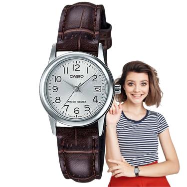 Imagem de Relógio de Pulso Casio Feminino Analógico Prata Pulseira Couro Marrom Redondo Casual Pequeno LTP-V002L-7B2UDF
