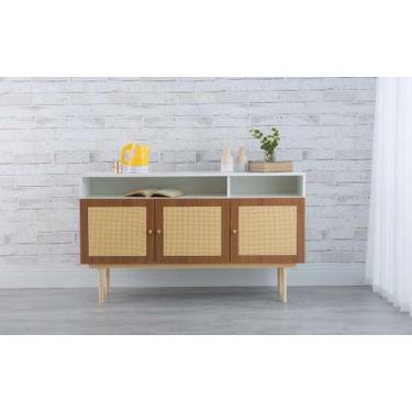 Imagem de Balcão Buffet Pés Palito Madeira 3 Portas Com Nichos Mdf E Palhinha Es