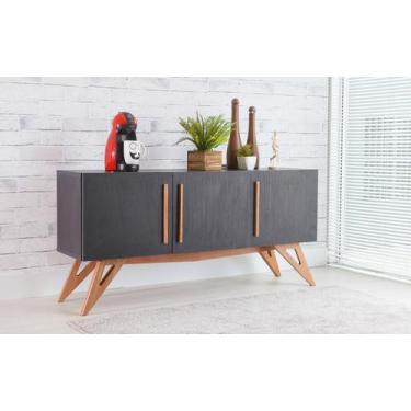 Imagem de Balcão Buffet Para Sala De Jantar Mdf Preto Pés Jatobá 3 Portas Pretas