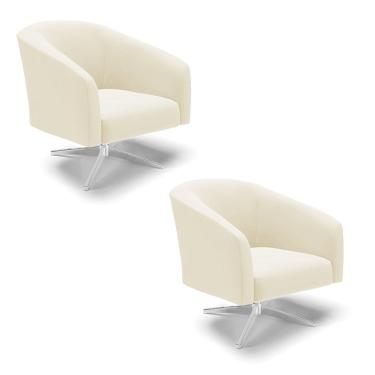 Imagem de Poltrona Decorativa Giratória Cromada Kit 2 Stella Cotelê Ext/Veludo Off White D03 - D`Rossi