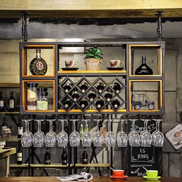 Imagem de Prateleiras de vinho industriais montadas na parede, suporte para copos de vinho de teto, armário de rack de vinho suspenso de altura ajustável, suporte de vidro de vinho montado na parede, perfeito