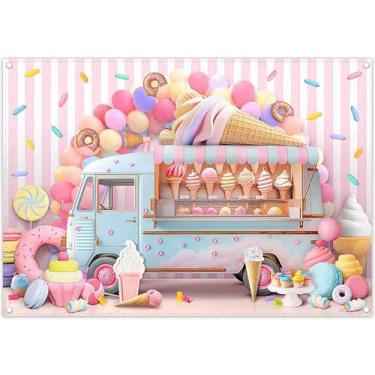 Imagem de ZTHMOE Tecido 2,1 x 1,5 m, cenário fotográfico de caminhão de sorvete, doce, aniversário, festa de aniversário, balão, decoração de bolo, decoração para meninos e meninas