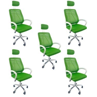 Imagem de Kit 5 Cadeiras Escritório Diretor Oficial Tela Mesh Apoio Nuca Verde Branco