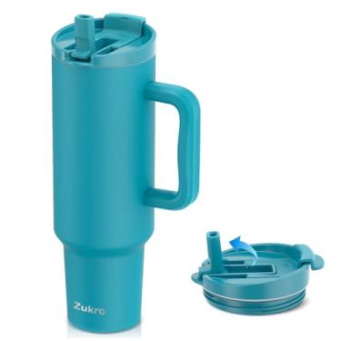 Imagem de Zukro Copo de 1,5 l com alça e canudo dobrável, tampa à prova de vazamento, garrafa de água de aço inoxidável de parede dupla para casa, Oiffce, trabalho, copo grande de viagem isolado a vácuo cabe no