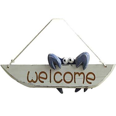 Imagem de Creation Core Placa de boas-vindas decorativa super fofa para pendurar caranguejo de madeira para porta/entrada/jardim (azul)
