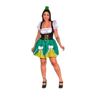 Imagem de Fantasia Duende Feminina Vestido Verde Camponesa Adulto Oktoberfest Leprechaun Saint St. Patrick´s Day Dia de São Patrí