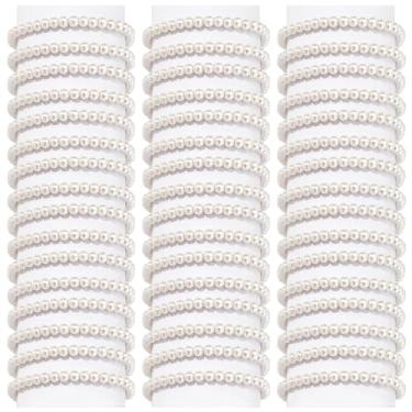 Imagem de JHJEWH 50 pulseiras de pérolas para mulheres, conjunto de pulseiras de pérolas falsas de 6 mm, pulseira de pérola elástica para noivas, pulseiras de contas falsas empilháveis para dama de honra