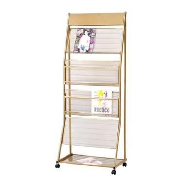 Imagem de Porta-jornais de chão Suporte para folhetos de porta-revistas, porta-revistas de chão, 4 camadas de suporte de jornal de aço com rodas, suportes de emenda para fácil instalação Porta-revistas de chão(