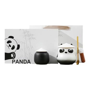 Imagem de Xícara de chá de cerâmica panda, conjunto de chá chinês bonito para casa - conjunto de três peças preto e branco / capa branca