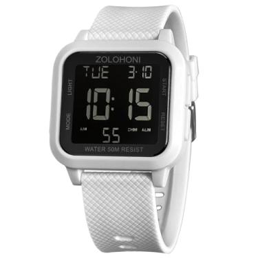Imagem de zolohoni Relógio digital masculino quadrado com mostrador de números grandes, à prova d'água, LED, branco e preto