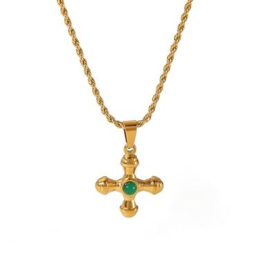 Imagem de GIGB PBDK Colar vintage banhado a ouro para mulheres e homens, corrente de corda com pingente de crucifixo de pedra natural geométrica grossa Y2k, presentes baseados na fé para batismo, Large, Liga de