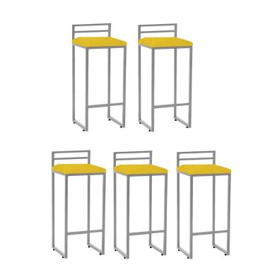 Imagem de Kit 05 Banqueta Alta Com Encosto Petra Balcão Bar Cozinha Bistrô Ferro Prata Corino Amarelo