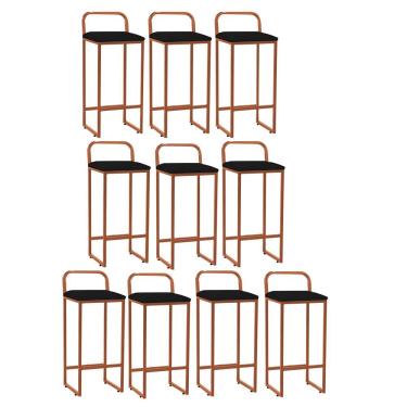 Imagem de Kit 10 Banqueta Alta Luffi Com Encosto Balcão Ferro Bronze Suede Preto