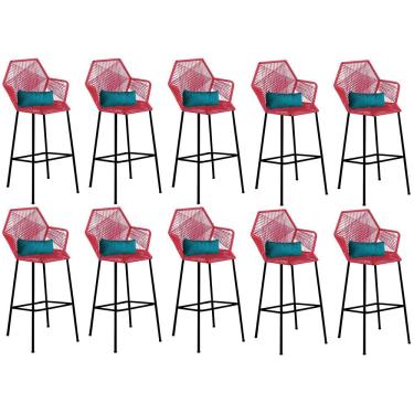 Imagem de Kit 10 Banqueta Alta Com Encosto Balcão Ferro Preto Fibra Vermelho Almofada Suede Azul Turquesa