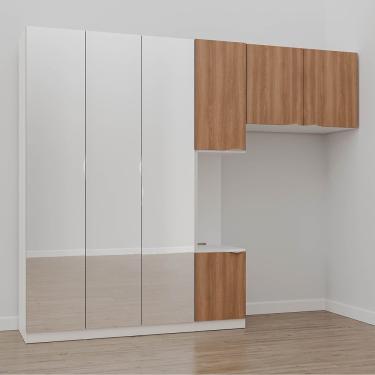 Imagem de Guarda Roupa Modulado De Solteiro Com Espelho E Mesa De ceira Esquerda 7 Portas 3 Peças Branco
