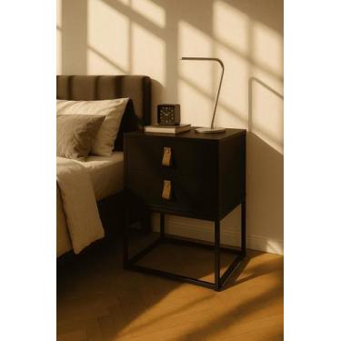 Imagem de Mesa De Cabeceira Unic 45 Estilo Industrial Puxador de Couro - LCN Móv