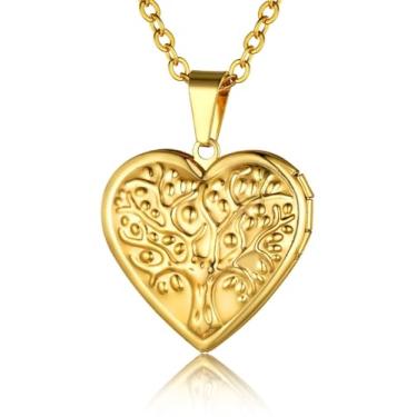 Imagem de GOLDCHIC JEWELRY Colar com medalhão de coração, banhado a ouro 18 K, banhado a platina, flor de ouro rosa/árvore da vida, medalhão com foto memorial com imagem com corrente de 50 cm