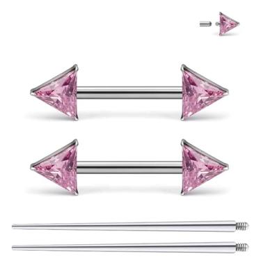 Imagem de Ruifan Piercing de mamilo de titânio roscado internamente anel triângulo rosa CZ língua anéis de barra reta piercing corporal joias para mulheres homens 14G 14 mm com cone de piercing reto
