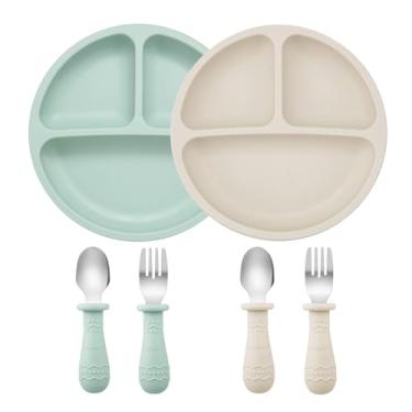 Imagem de PandaEar Conjunto De Alimentação Para Bebês | Pacote Com 2 Pratos Silicone Ventosa, Colheres E Garfos Utensílios Desmame Led