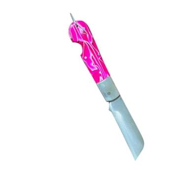 Imagem de Canivete Inox tipo Roger pica fumo com bainha de couro (rosa)