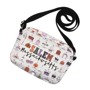 Imagem de MNIGIU Salem Massachusetts Presente inspirado Salem Massachusetts Alfabeto Bolsa transversal para amantes de bruxas, presente assustador de Halloween, Sal Abc