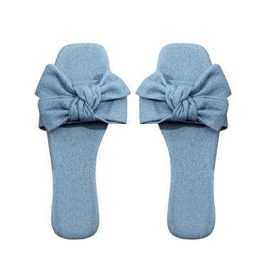Imagem de GORGLITTER Sandálias Femininas Rasteiras Jeans Com Laço E Faixa Única, Quadradas, Bico Aberto, Sapatos De Salto Lisos, Azul Claro, 8