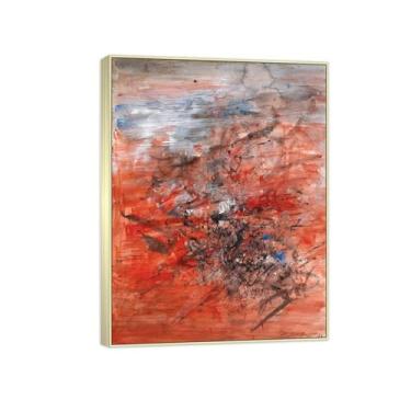 Imagem de MUHJDYC Zao Wou-ki Pintura famosa abstrata - imagem de arte em tela - arte de parede para sala de estar - reprodução de impressões (vermelho) moldura prata 20x25cm-8x10in