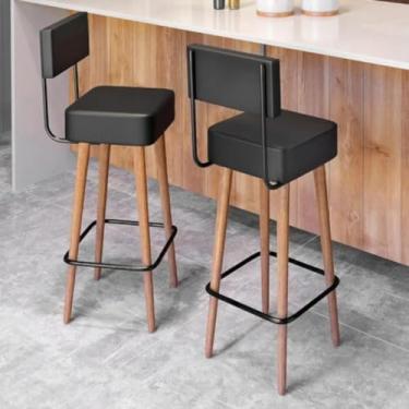 Imagem de Banquetas Altas Barcelona, Kit 2 Unidades, Estilo Moderno, para Bar e Cozinha, Assento Preto com Pés em Madeira (PRETA)
