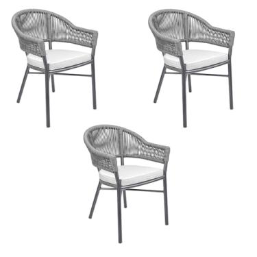 Imagem de Kit 3 Cadeiras Área Externa de Alumínio Bear com Corda Naútica Grafite G56 - Gran Belo