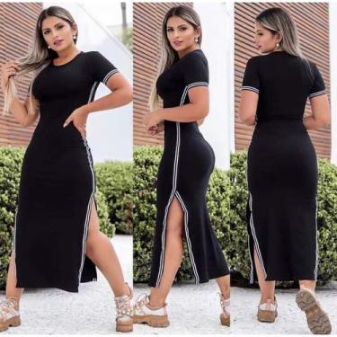 Imagem de Vestido feminino longo listra fenda manga curta malha canelada - Filó 